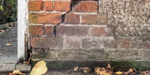 Close-up of a brick wall with peeling mortar, moss growth at the base, and fallen leaves on the ground. On the left, a white vertical pipe is visible.