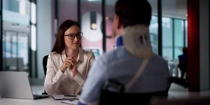 A woman with long dark hair, glasses, and a white blouse is sitting at a desk with a laptop, speaking to a man with a neck brace in a modern office setting.